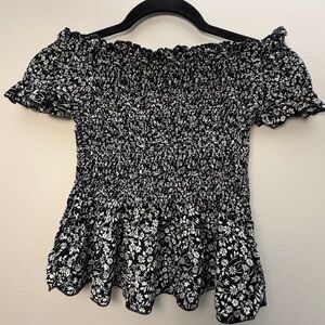 Japna Black and White Floral Smocked Blouse